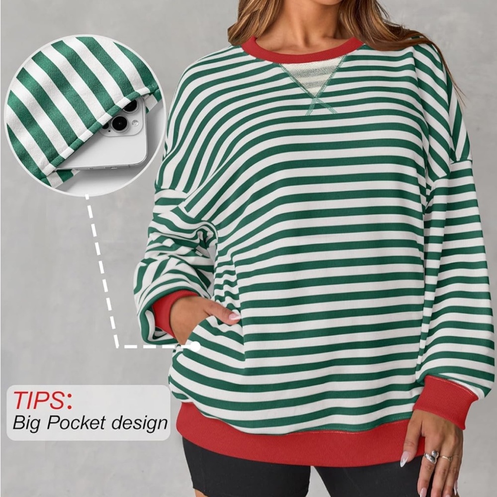 Casual Striped Pullover Long Sleeve Crewneck Oversized Sweatshirts w/ Pockets M